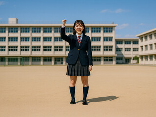 校庭で拳を上げる女子高生