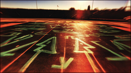 Vibrant graffiti art on sports field, featuring abstract symbols and arrows, illuminated by warm sunlight. dynamic colors and patterns create energetic atmosphere