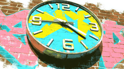 Vibrant clock mounted brick wall, featuring bold colors of blue, yellow, and pink. clock displays time with large, clear numbers, surrounded by artistic graffiti elements, creating lively urban