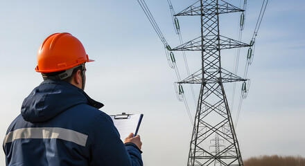 Electrician works on high-voltage electrical line, representing skilled labor in power industry. Maintenance, safety and utility infrastructure. Worker with document looking on electrical tower