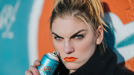 Close up portrait of graffiti artist with striking orange lips, holding spray can, showcasing intense expression and vibrant colors against colorful background