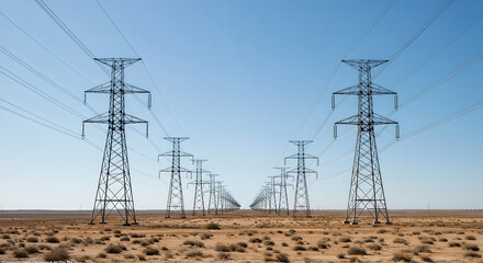 Network of powerlines and electrical towers conveys strength of modern energy systems. High-voltage setup ensures continuous electricity generation and delivery