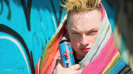 Close up portrait of graffiti artist with spiky blonde hair, wrapped in colorful towel, holding spray paint can, showcasing confident expression against vibrant wall