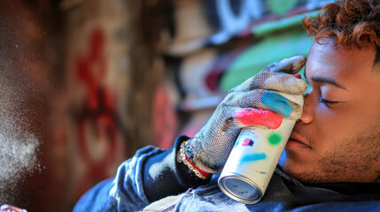 Close up portrait of graffiti artist holding spray can, showcasing vibrant colors on gloves. artist appears focused and immersed in their creative process, surrounded by urban art