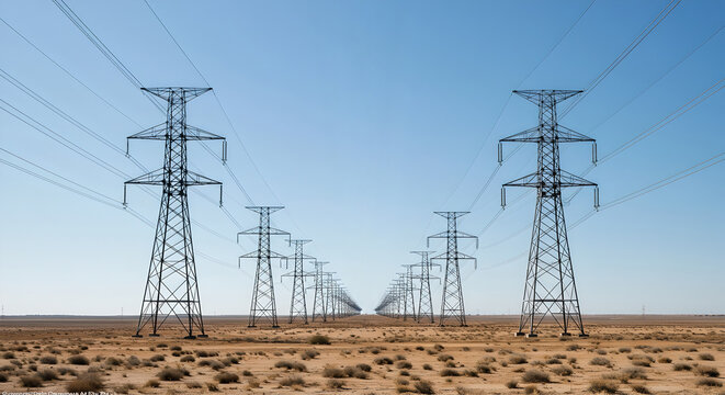 Network of powerlines and electrical towers conveys strength of modern energy systems. High-voltage setup ensures continuous electricity generation and delivery