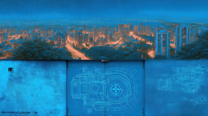 Stunning urban mural featuring tactical blueprint design overlaid vibrant blue background, showcasing city skyline illuminated night. artwork captures essence of modern city life and creativity