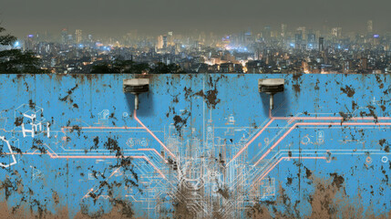 Urban landscape featuring graffiti wall with tactical blueprint design, set against city skyline at night. contrast between vibrant blue wall and illuminated city creates striking visual