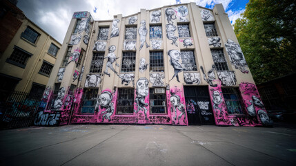 Vibrant graffiti artwork covers full building facade, showcasing mix of characters and designs in bold colors, creating urban art scene that captivates and inspires creativity
