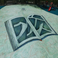 Massive book artwork unfolds on playground surface, showcasing intricate designs and vibrant colors. scene evokes sense of creativity and imagination, inviting viewers to explore