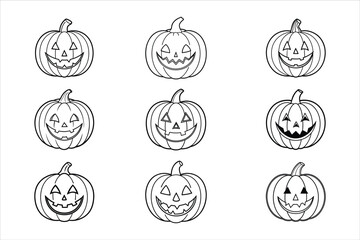 Nine Black and White Jack O Lantern Pumpkins Halloween