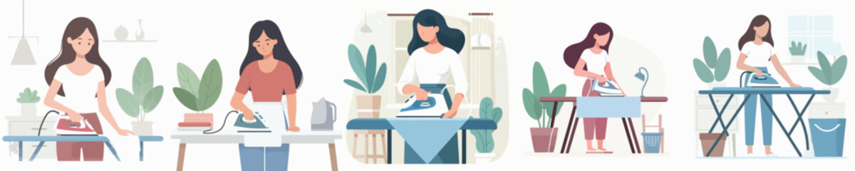 vector character woman ironing clothes