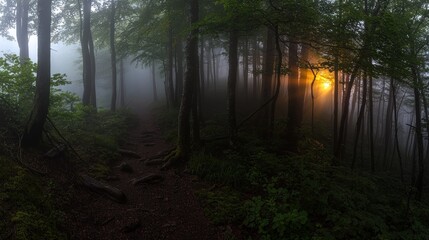 Obraz premium Misty forest path at sunrise, sunlight filtering through trees