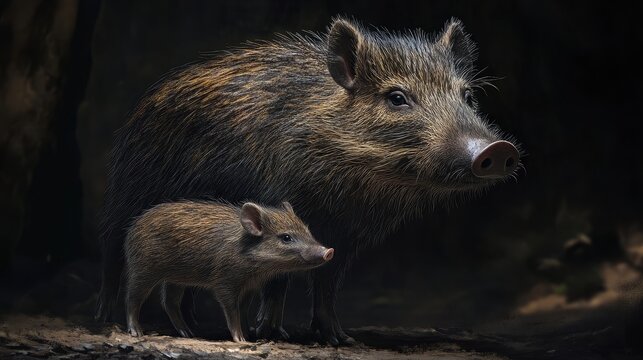 Collared peccary (Pecari tajacu). Collared peccary (Pecari tajacu) with its baby. Wild life animal. - Powered by Adobe