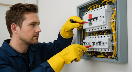 Man electrician working on electrical panel wiring. Builder or repairman checking fuse box power supply. Professional maintenance, renovation service for home improvement