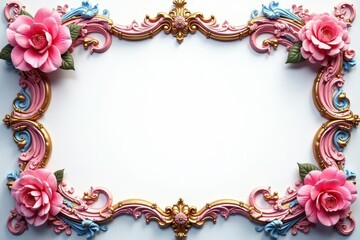 Intricate pink, blue & gold frame; white backdrop , clip art, vintage, picture border