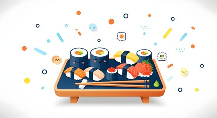 Sushi platter with cute cartoon decorations for food presentation