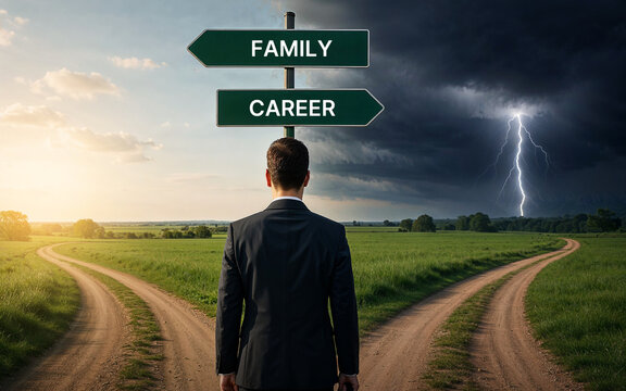 Businessman facing life choices at crossroads with family and career signpost, standing on forked road under contrasting weather, professional decision making journey in dramatic landscape concept