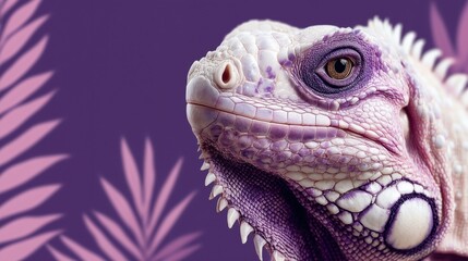 Close-up of a purple iguana with detailed textured skin, vivid colors, creative portrait, exotic reptile on pink and violet background, concept of uniqueness, nature, fantasy, wildlife, imagination.