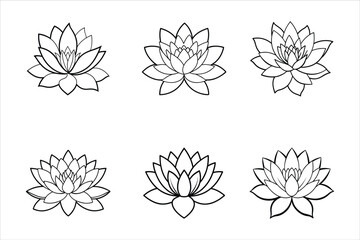 Six Black Outline Lotus Flower Designs White Background