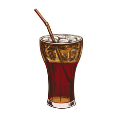 Hand drawn vintage sketch of cold soda drink in glass with ice cubes and straw, colored vector illustration