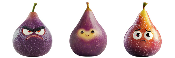 Set of cute fig fruit with different face isolated on a transparent background