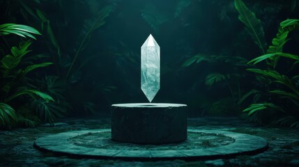 A glowing crystal floats above a stone pedestal in a mystical, lush jungle setting illuminated by soft, eerie light.