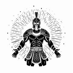 Fearless Gladiator Displaying Strength and Courage in Front of the Sun Vector