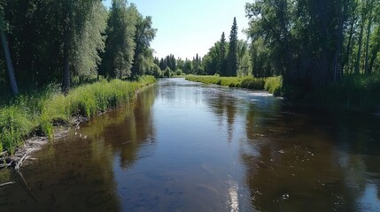Fototapeta premium Serene river flowing through forest, sunny day