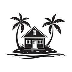 Obraz premium A house on a small island with palm trees in the background vector image on white background.