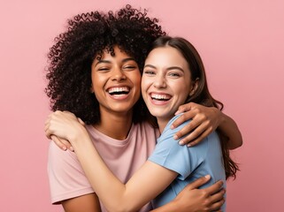 Two Young Women Hug With Bright Smiles as Expression of Genuine Friendship, Warmth, and Positive Energy in a Studio Portrait