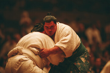 Fototapeta premium Sumo wrestler lifts opponent with a powerful throw during a traditional match in Japan