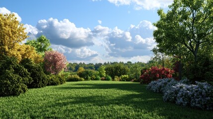 Obraz premium Sunny garden landscape with vibrant flowers and trees