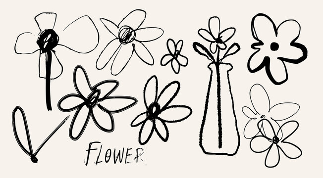 Black abstract Flowers set. Crayon, charcoal, kid childish, naive art, scribble line, doodle brush style. Hand drawn modern Vector illustration. Primitive, minimal sketchy isolated design elements