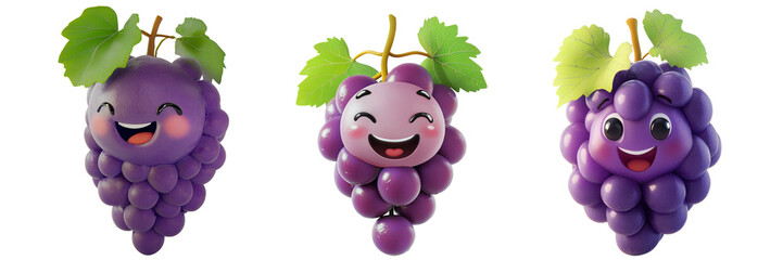 Set of cute grape with smiling face isolated on a transparent background