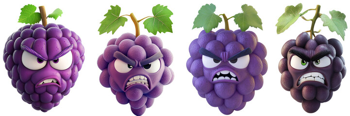 Set of cute grape with angry face isolated on a transparent background