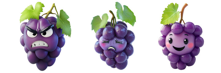 Set of cute grape with different face isolated on a transparent background