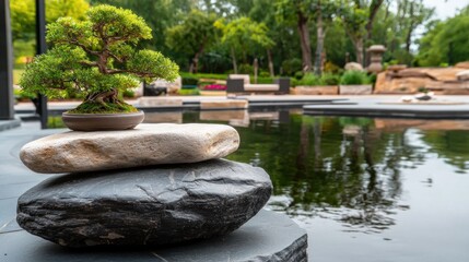 Fototapeta premium Bonsai on rocks by pond in zen garden