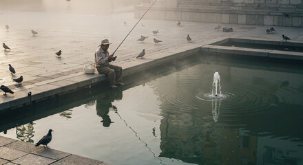 Elderly man fishing by fountain with pigeons in morning mist  