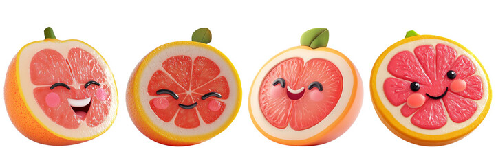 Set of cute grapefruit with smiling face isolated on a transparent background