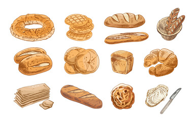 Hand drawn vintage set of bakery bread, croissant, cookies, crispbread and toast with knife in warm colors