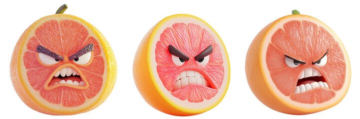 Set of cute grapefruit with angry face isolated on a transparent background