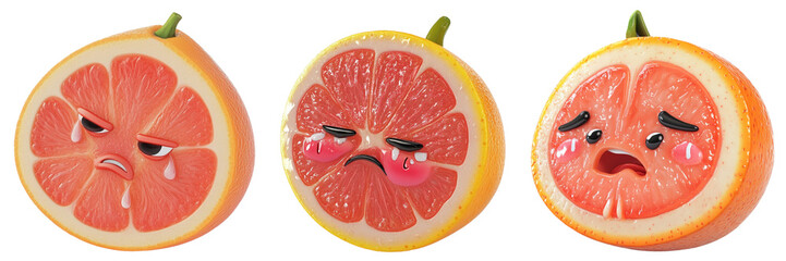 Set of cute grapefruit with crying face isolated on a transparent background
