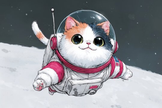 Adorable calico cat in astronaut suit floats in space with big bright eyes, playful and creative, fantasy adventure, cute animal character, imagination, cosmic scene, fun, dreamy universe.