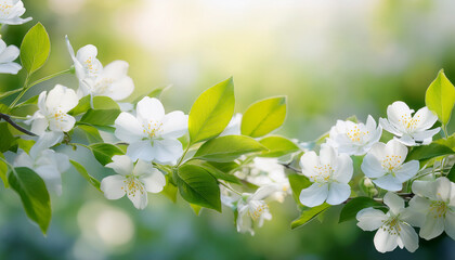 Obraz premium delicate white flowers bloom among fresh green leaves against a soft pastel background creating a dreamy spring atmosphere