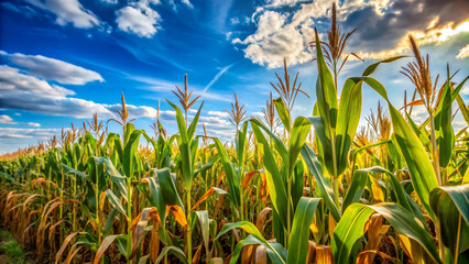 Golden ears of corn sway gently in the breeze, surrounded by lush green stalks, under a clear blue sky with a few puffy white clouds.