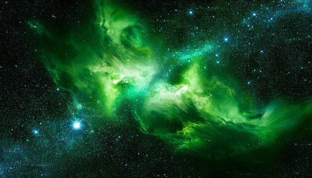 green space nebula 3d render galaxy sky background fantasy abstract green texture of the universe dark cloud of cosmos constellation of stars outer space celestial starry milky way solar gas