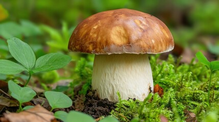 A Boletus Mushroom Growing Amidst Moss and Forest Floor Vegetation