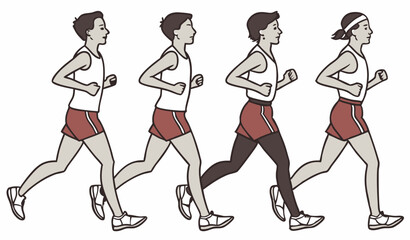 Isolated illustration of marathon long distance runners, five members in a single column are running              