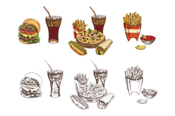 Hand drawn vintage set of fast food elements in color and monochrome version, isolated vector illustration