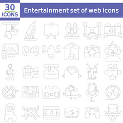 Entertainment set of web icons in line style. Lifestyle and Entertainment icons for web and mobile app. Theater, cinema, video, dance, theater, game.